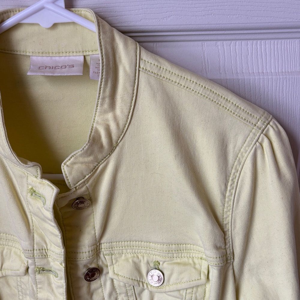 Chico's Light lemon neon Yellow stretchy Jean Jacket women’s size 8 GUC spring - Picture 4 of 9